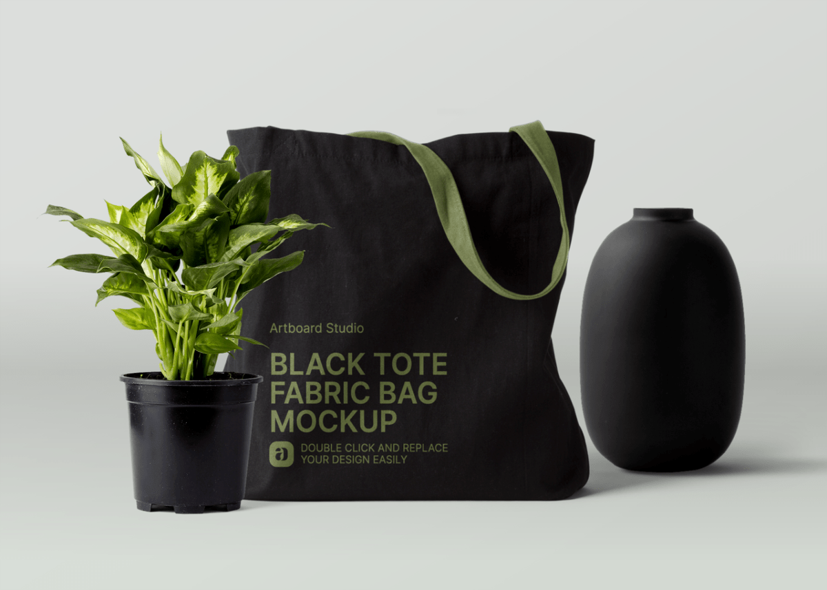 Design can be replaced with a smart . Black Tote Fabric Bag Mockup Scene