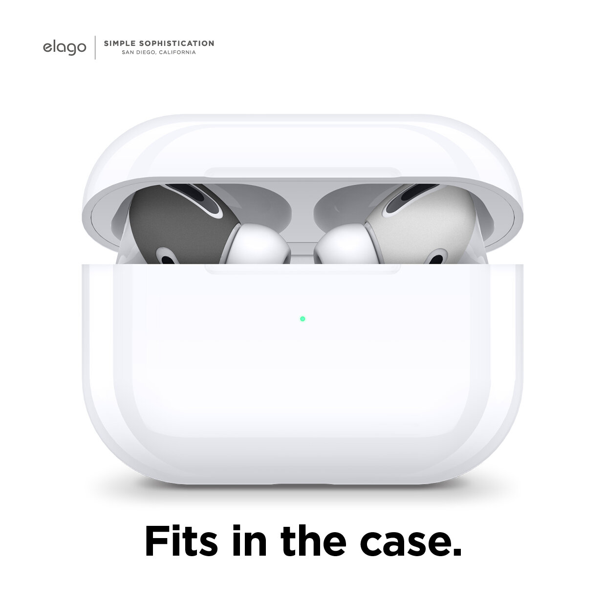 The phone is on a wooden table or platform. Airpods Pro Ear Tips Cover 2 Pairs Dark Grey White Elago